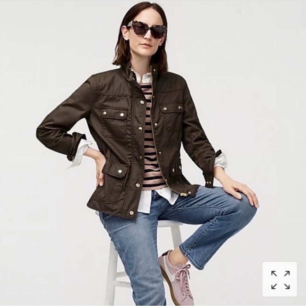 NWOT J Crew Downtown Field Jacket in sage green, long sleeve, waxed cotton